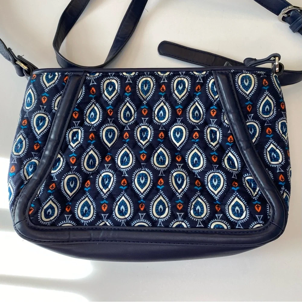 Vera Bradley Women's Trimmed Trapeze Crossbody Purse Marrakesh Motifs Bag Blue